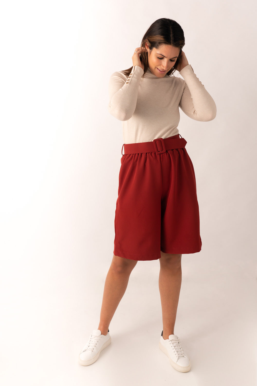 Belted Shorts in Crimson Red