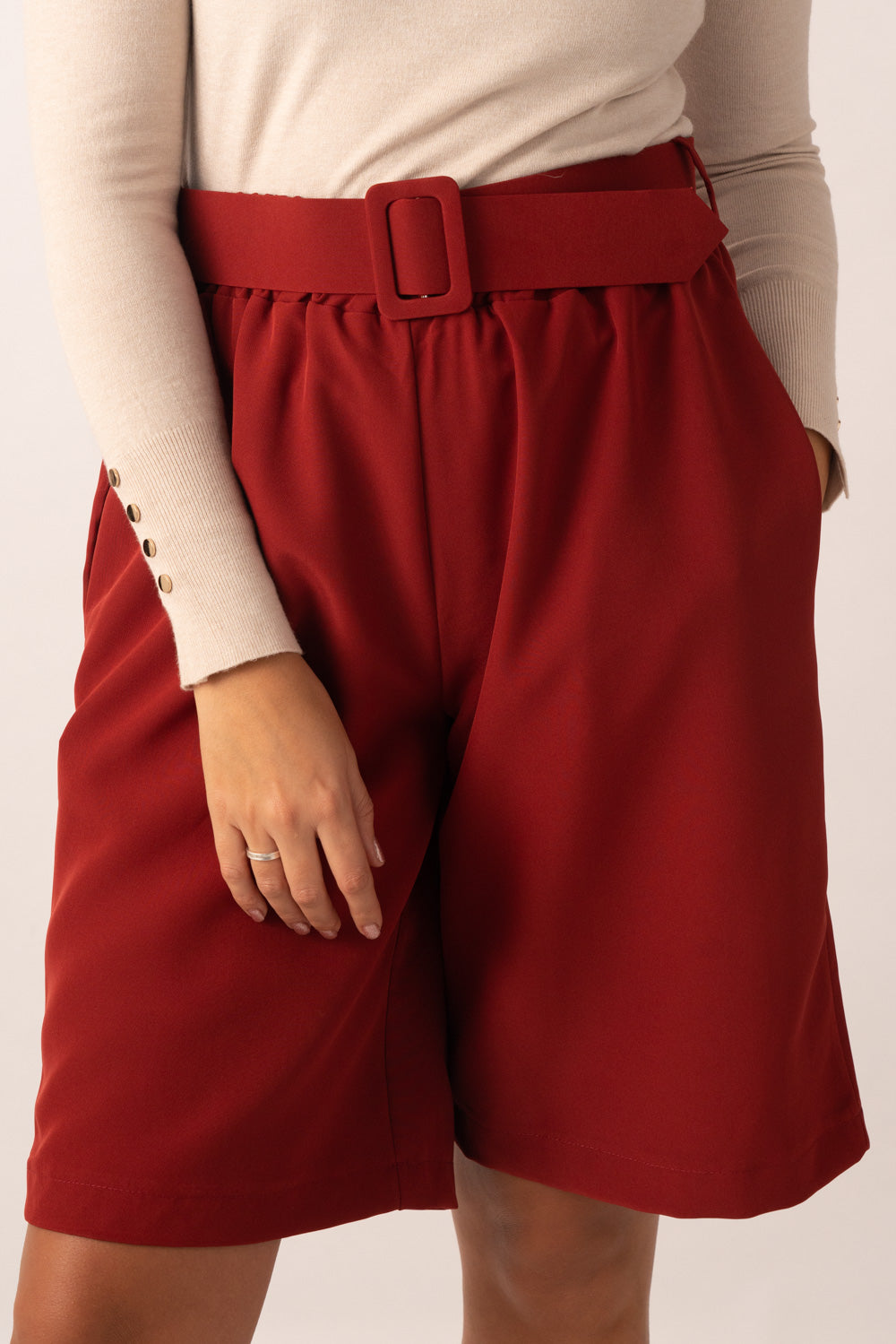 Belted Shorts in Crimson Red